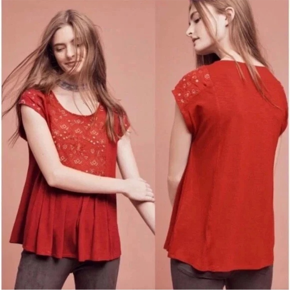 Anthropologie Akemi + Kin Arcana Gold Embroidered Red Peasant Top Short Sleeve S